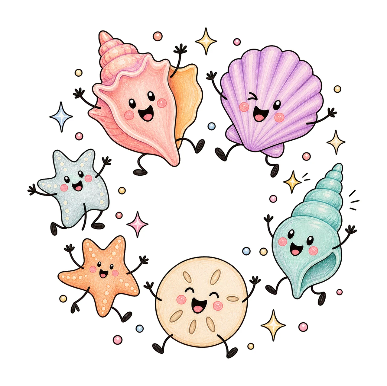 Happy Seashell Doodles Dancing Shell Characters Variation B