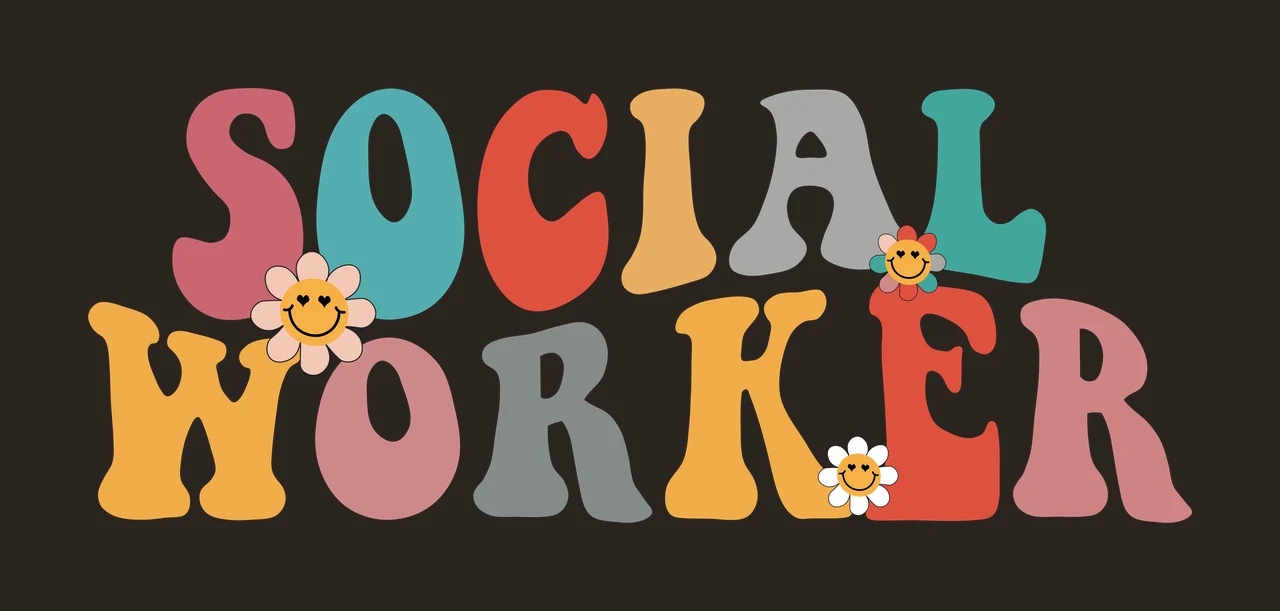 SOCIAL WORKER typography with bubble lettering, daisy flowers, smiley faces and stacked text in dusty rose, teal and orange contrast preview thumbnail