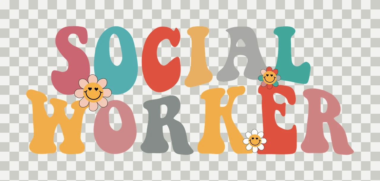SOCIAL WORKER typography with bubble lettering, daisy flowers, smiley faces and stacked text in dusty rose, teal and orange transparency and detail preview thumbnail