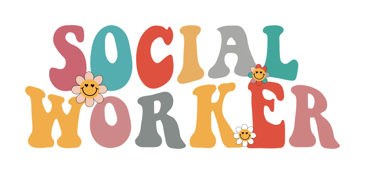 SOCIAL WORKER typography with bubble lettering, daisy flowers, smiley faces and stacked text in dusty rose, teal and orange