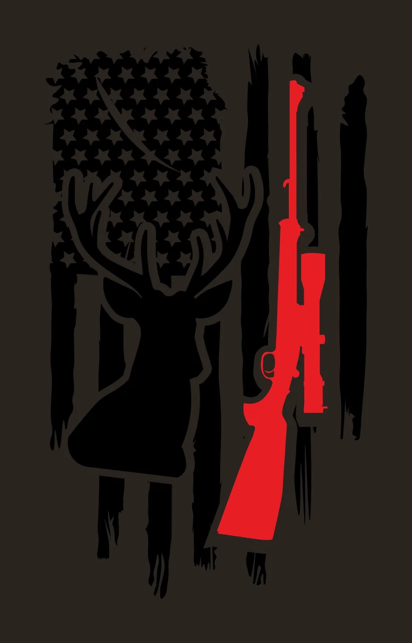 Hunting American Flag with Deer Head Silhouette and Hunting Rifle Distressed Graphic in Black and White contrast preview thumbnail
