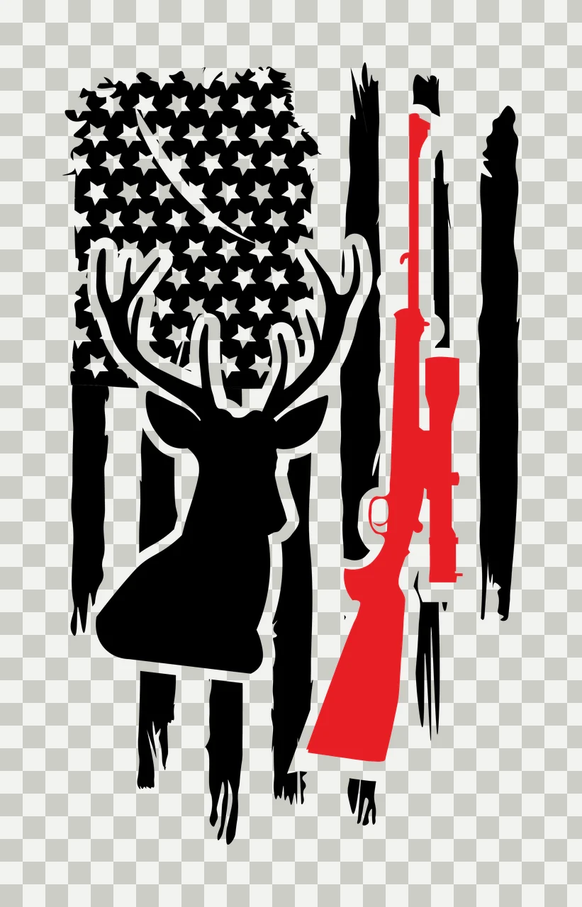 Hunting American Flag with Deer Head Silhouette and Hunting Rifle Distressed Graphic in Black and White transparency and detail preview thumbnail
