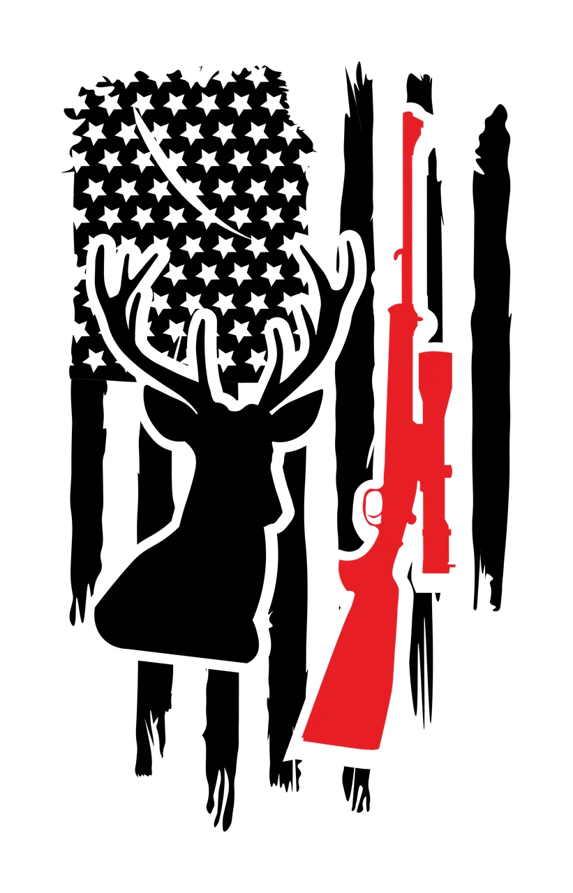 Hunting American Flag with Deer Head Silhouette and Hunting Rifle Distressed Graphic in Black and White