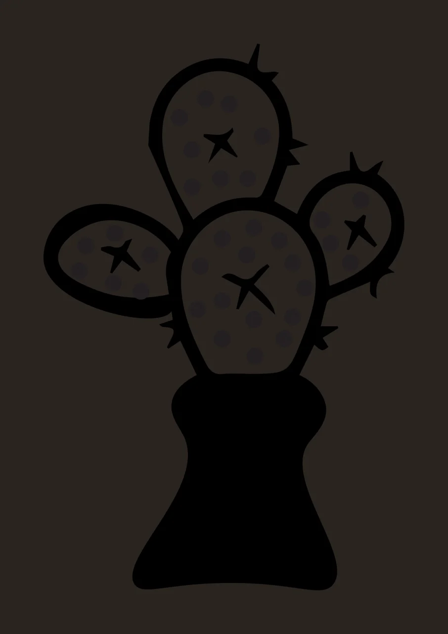 Cactus silhouette Illustration with black cactus with white pads, black dots on pads, black star-shaped spines and black vase base contrast preview thumbnail