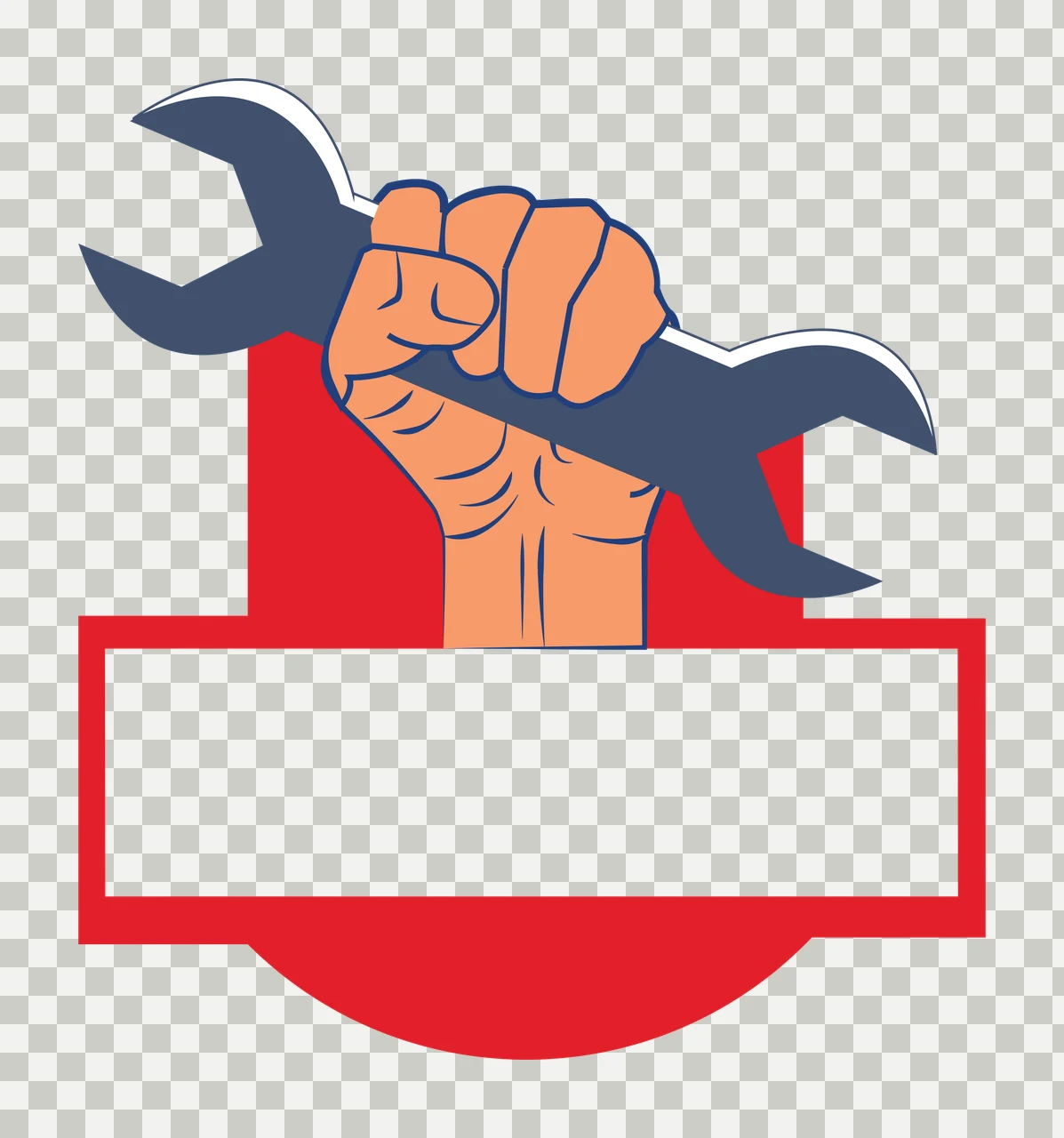 Red shield-shaped badge with orange fist holding blue wrench Illustration with white rectangular label transparency and detail preview thumbnail