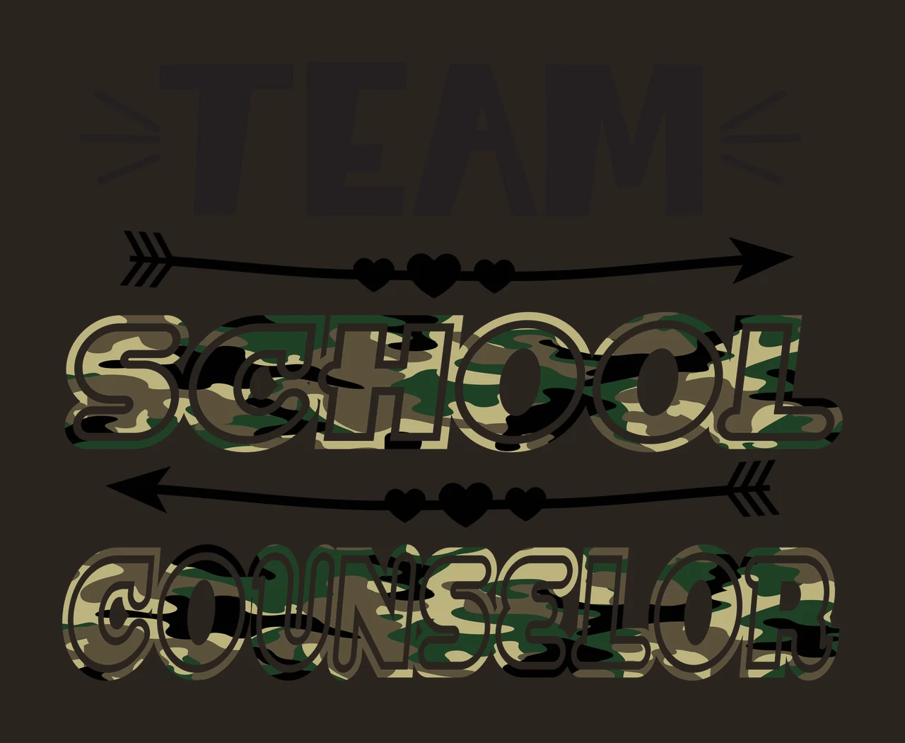 TEAM SCHOOL COUNSELOR Typography Design with TEAM text, decorative arrows, hearts and camouflage fill in black, green and brown contrast preview thumbnail