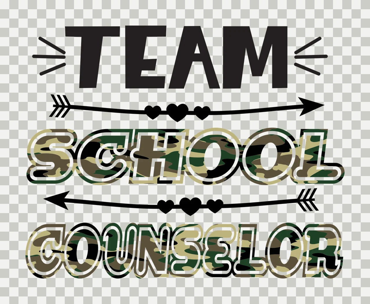 TEAM SCHOOL COUNSELOR Typography Design with TEAM text, decorative arrows, hearts and camouflage fill in black, green and brown transparency and detail preview thumbnail