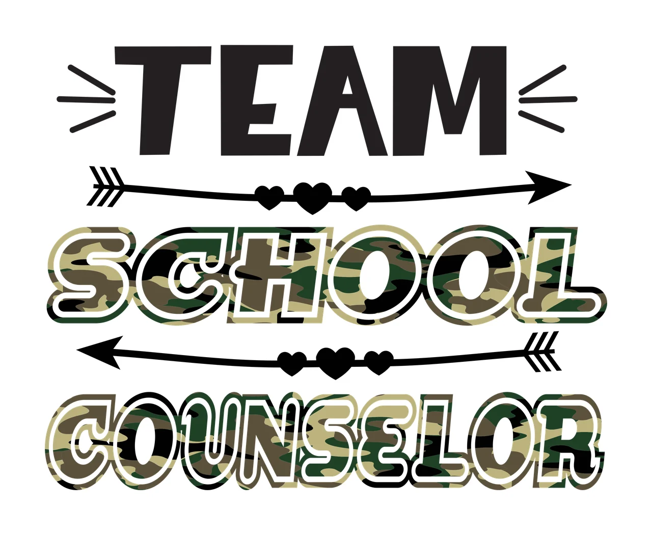 TEAM SCHOOL COUNSELOR Typography Design with TEAM text, decorative arrows, hearts and camouflage fill in black, green and brown