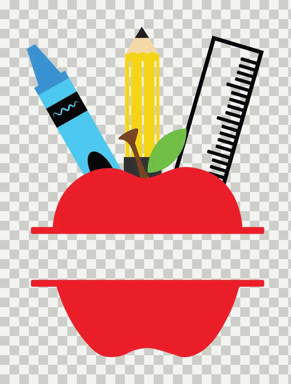 Red Apple With Blue Crayon And Yellow Pencil black ruler transparency and detail preview thumbnail