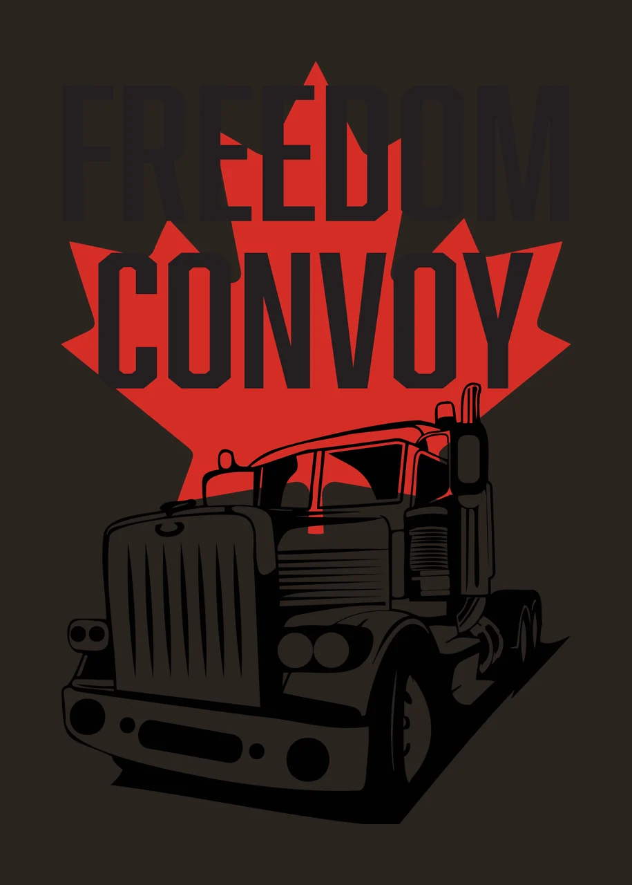 FREEDOM CONVOY Typography Design with red maple leaf, black bold text 'FREEDOM CONVOY', black-and-white semi-truck front view and black shadow under truck contrast preview thumbnail