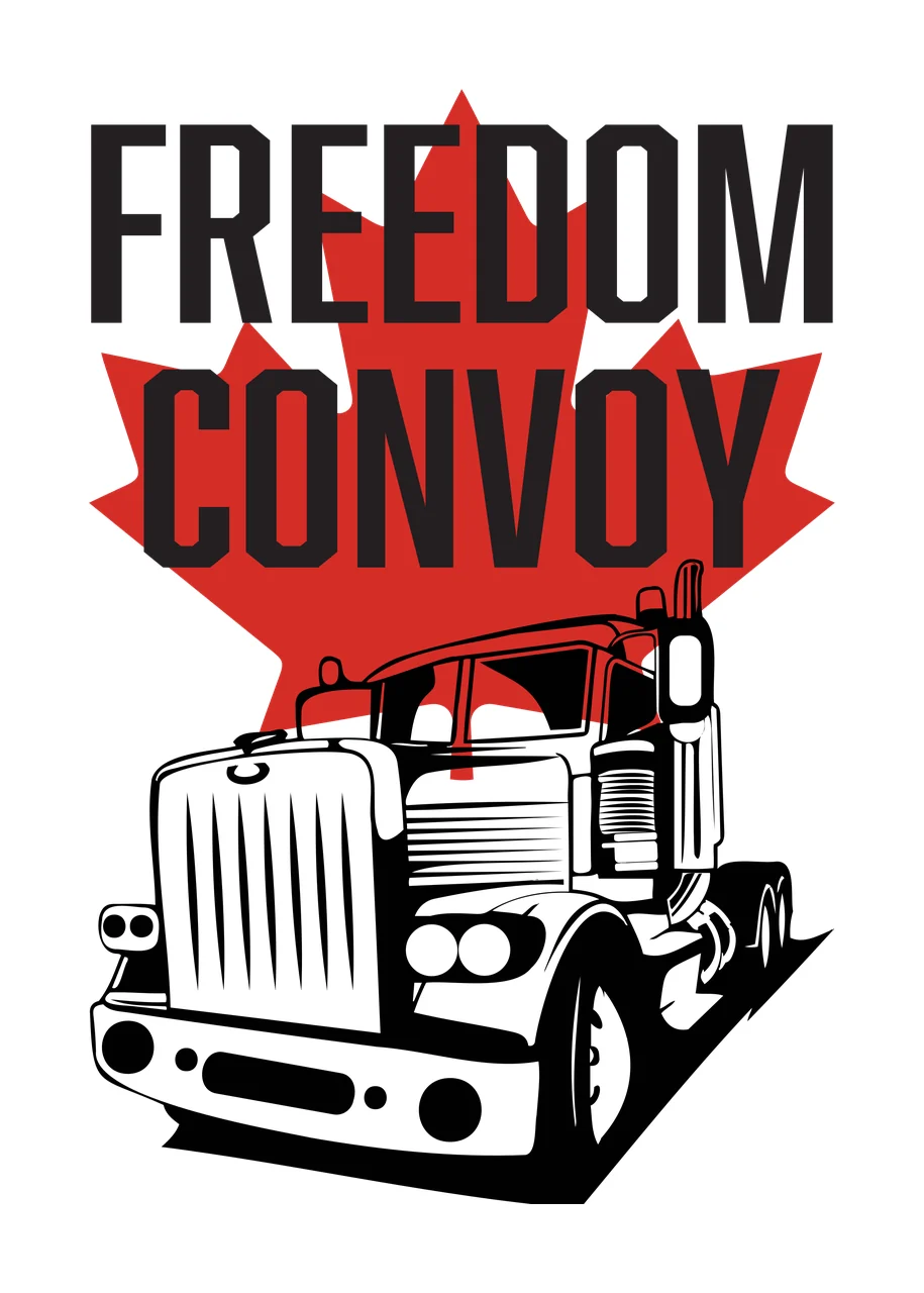 FREEDOM CONVOY Typography Design with red maple leaf, black bold text 'FREEDOM CONVOY', black-and-white semi-truck front view and black shadow under truck