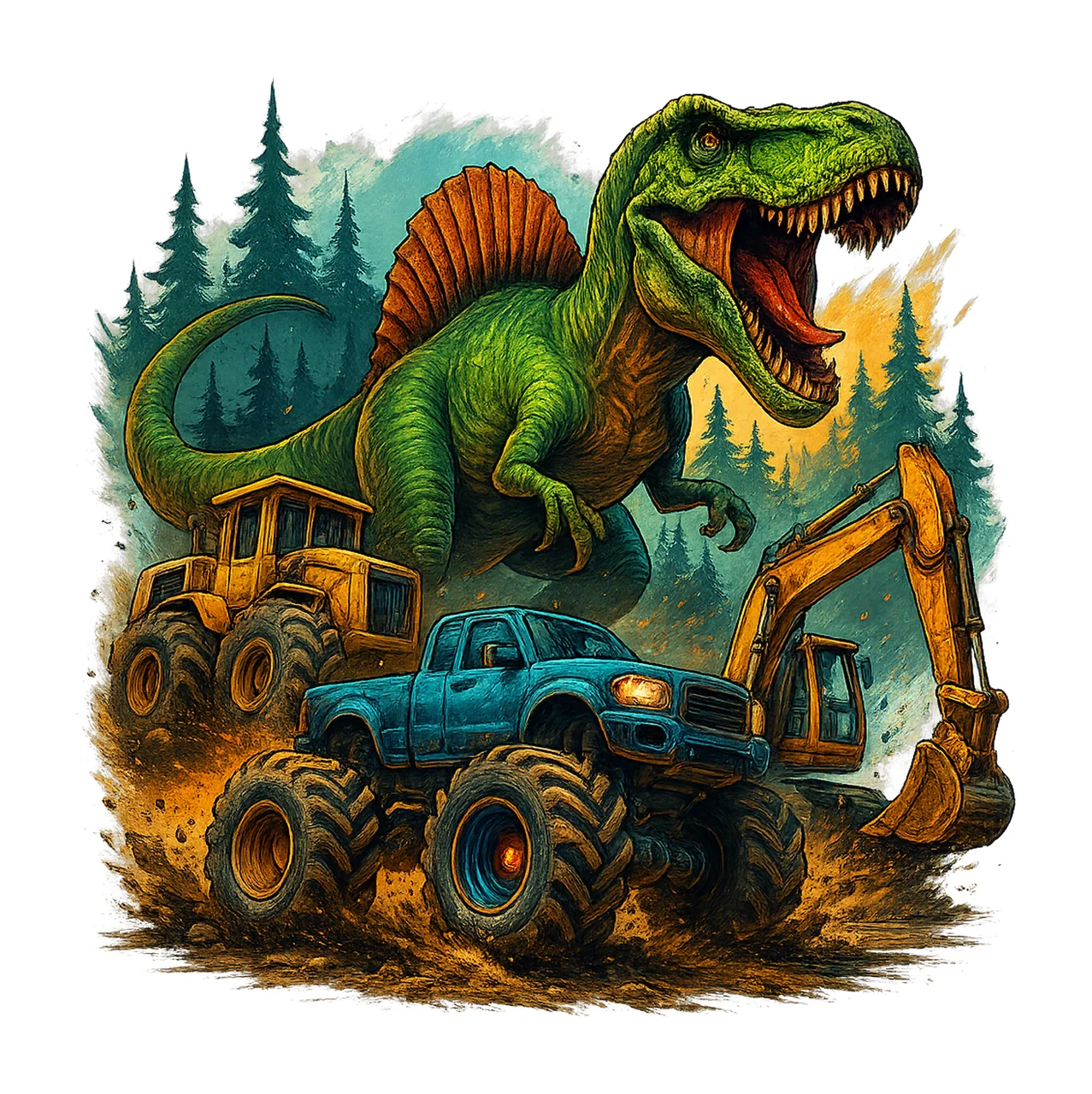 Dinosaur Rex Tumbler Bulldozer Watercolor Sublimation Design