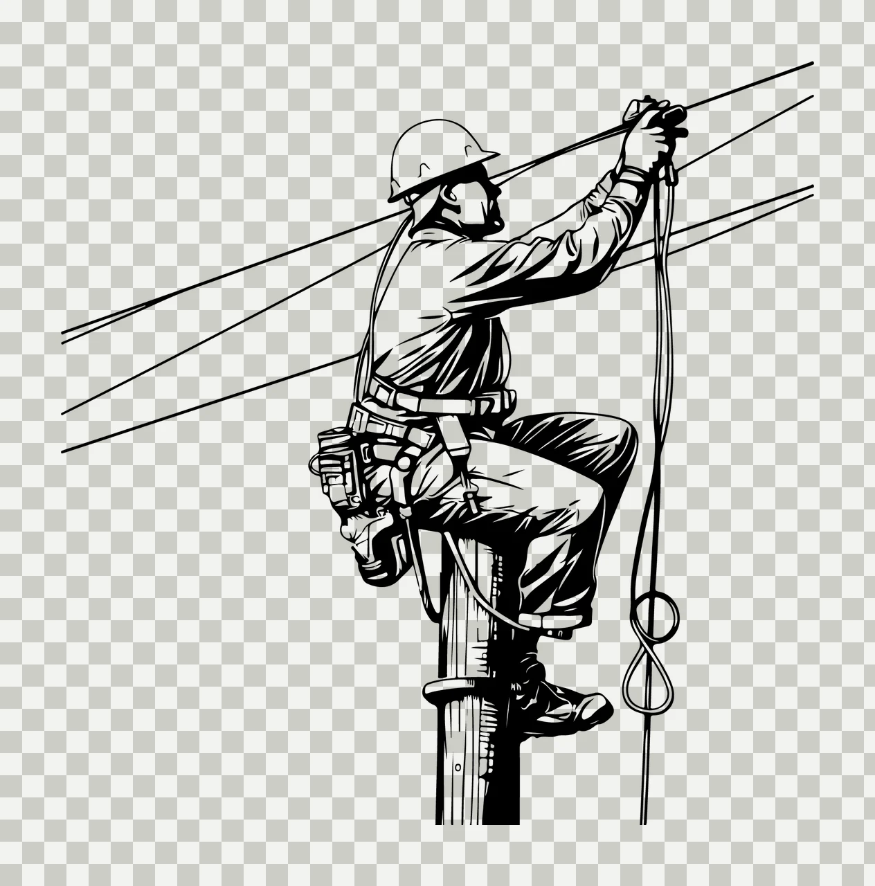 Electrician Climbing A Wooden Utility Pole wires helmet harness transparency and detail preview thumbnail
