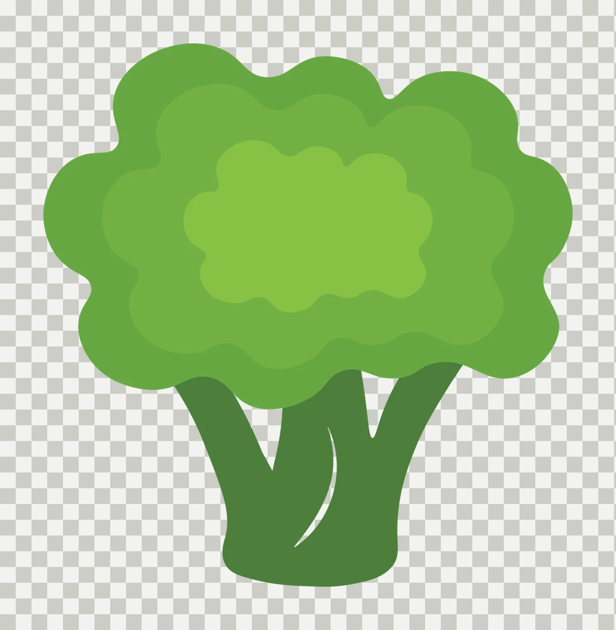 Broccoli Illustration with broccoli floret, stalk, layered green crown and stem in light green and dark green transparency and detail preview thumbnail