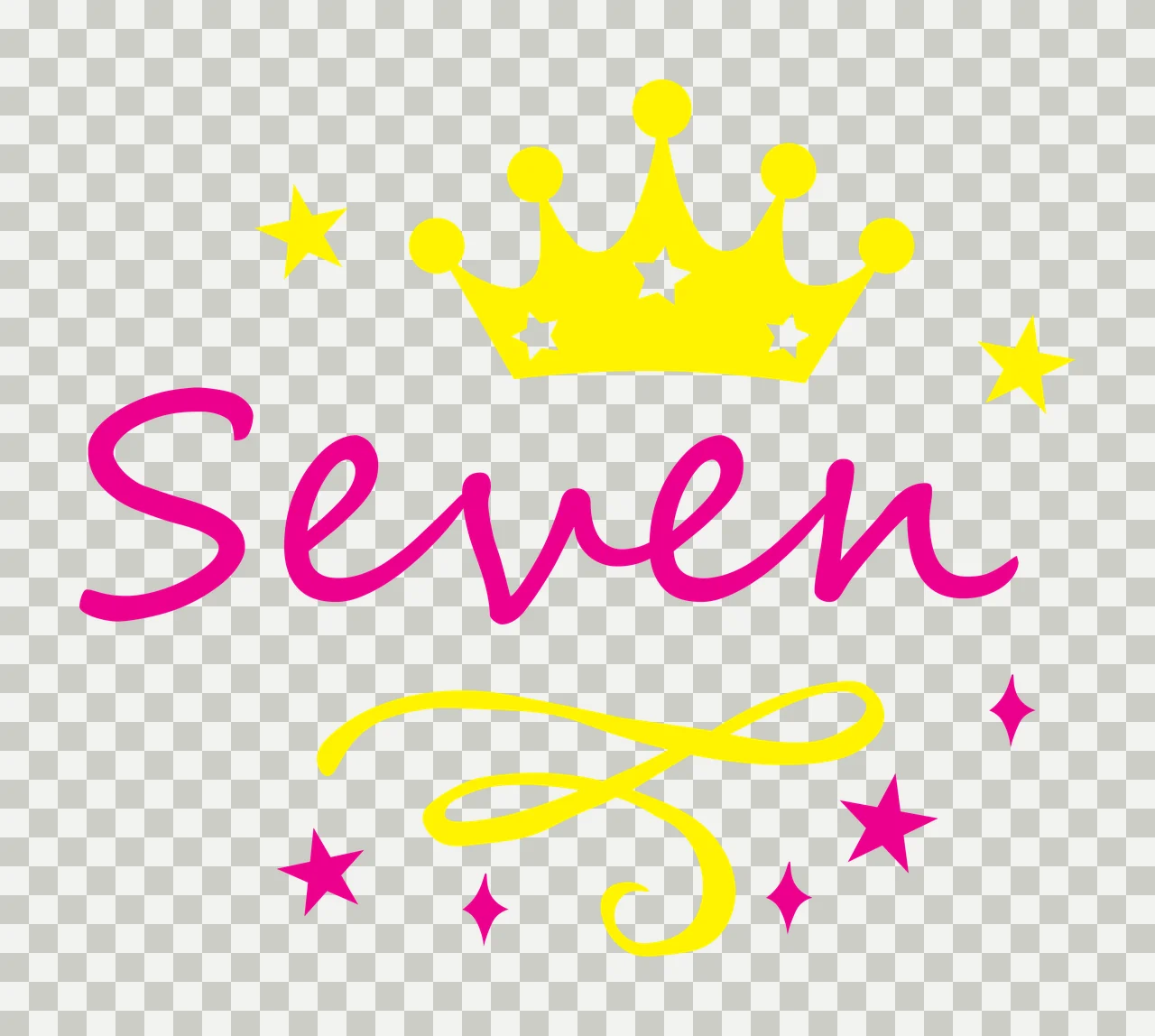 Seven Typography Design with yellow crown, white stars and pink stars transparency and detail preview thumbnail
