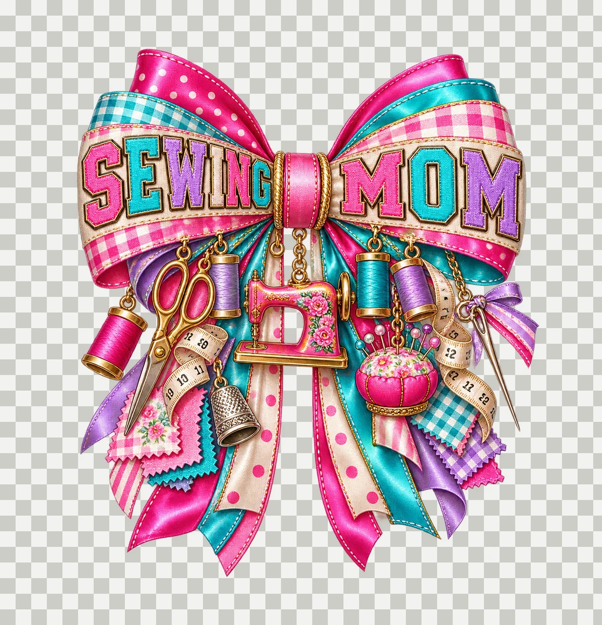 Sewing Mom Bow Charm PNG, Patterned Varsity Mom Ribbon Clipart, Transparent Sublimation Digital Download transparency and detail preview thumbnail