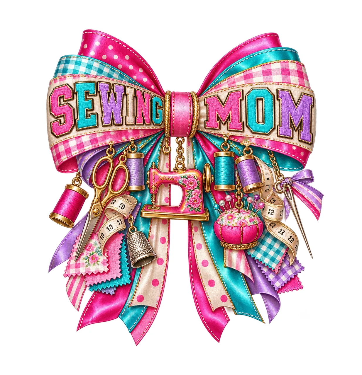 Sewing Mom Bow Charm PNG, Patterned Varsity Mom Ribbon Clipart, Transparent Sublimation Digital Download