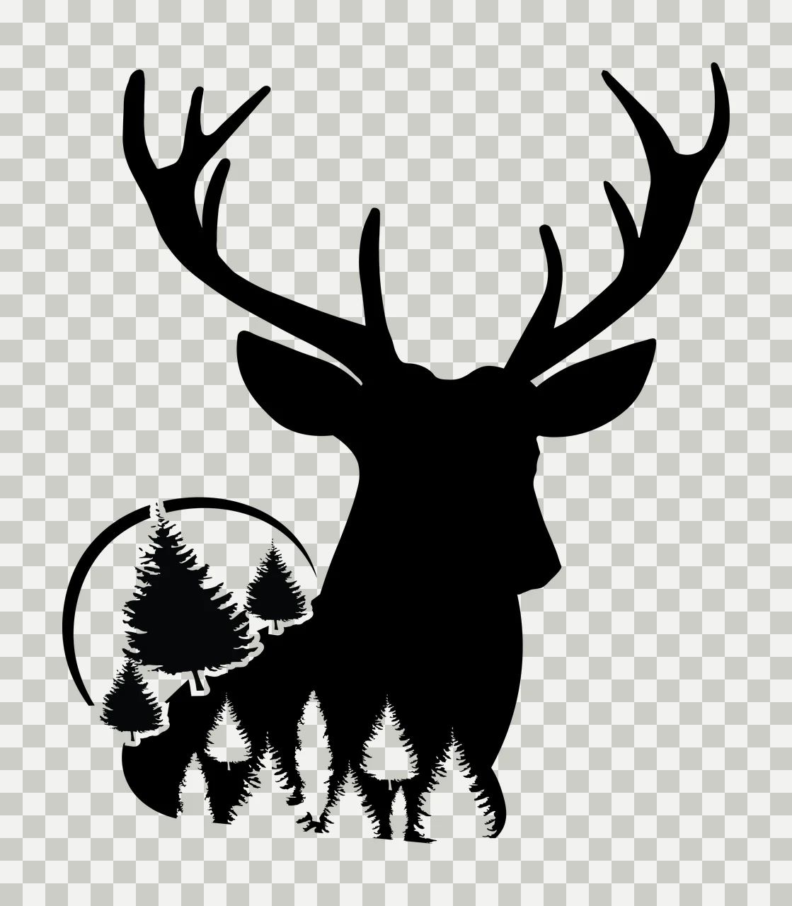 Deer Head Silhouette With Pine Trees Inside circle black white transparency and detail preview thumbnail