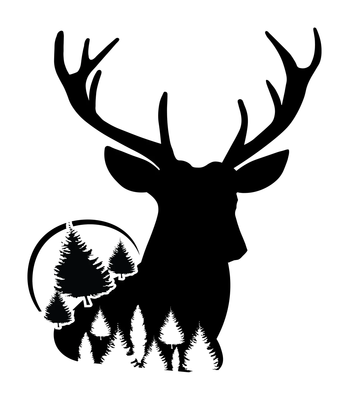 Deer Head Silhouette With Pine Trees Inside circle black white