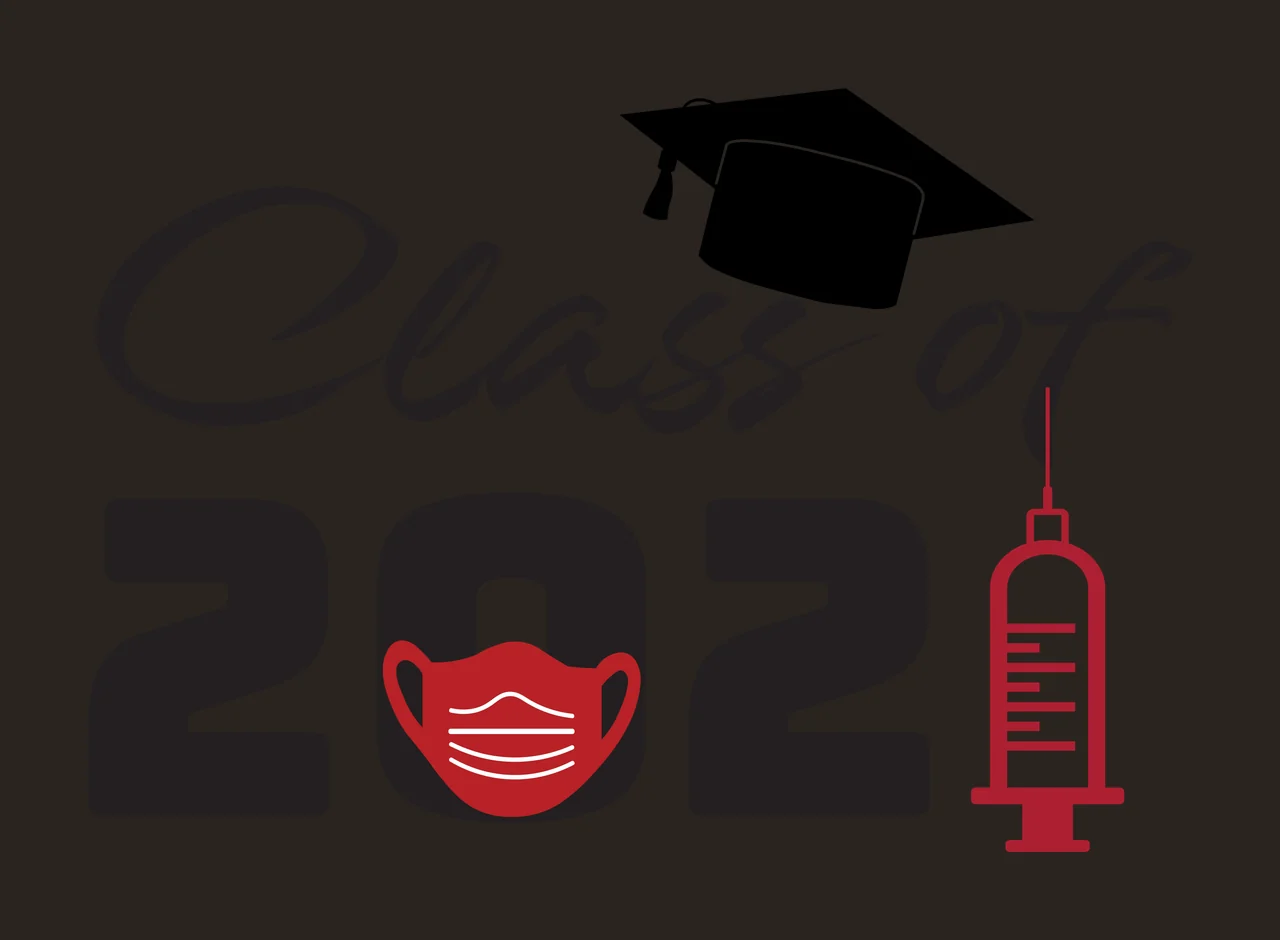 Class of 2021 Graduation commemorative Design with black graduation cap, black cursive text 'Class of', black numerals '2021' and red face mask inside the zero of '2021' contrast preview thumbnail