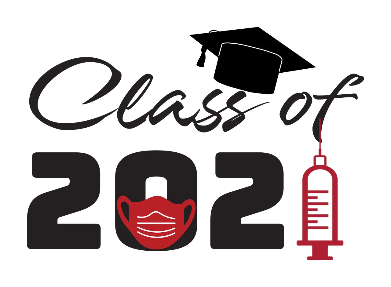 Class of 2021 Graduation commemorative Design with black graduation cap, black cursive text 'Class of', black numerals '2021' and red face mask inside the zero of '2021'