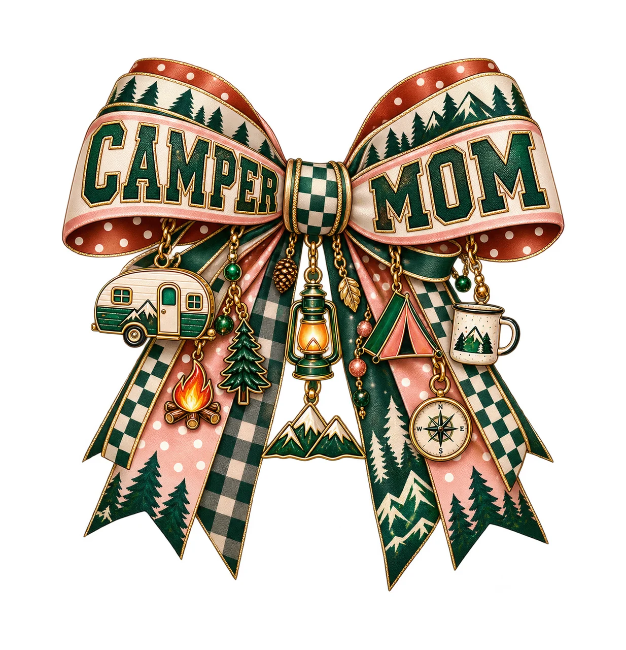 Camper Mom Bow Charm PNG, Patterned Varsity Mom Ribbon Clipart, Transparent Sublimation Digital Download
