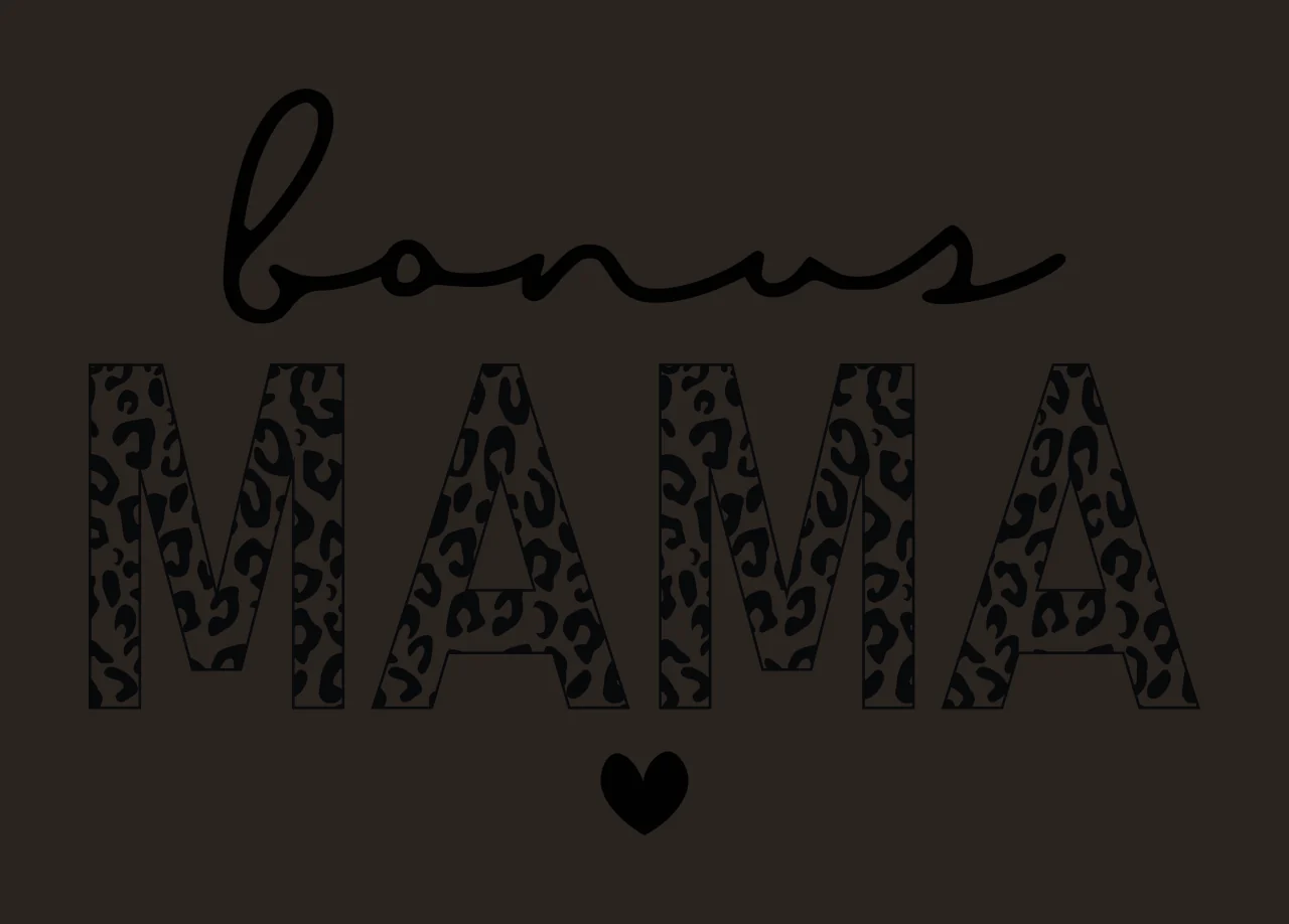 Bonus MAMA Typography Design with cursive bonus text, leopard print mama block letters and black heart icon in white contrast preview thumbnail