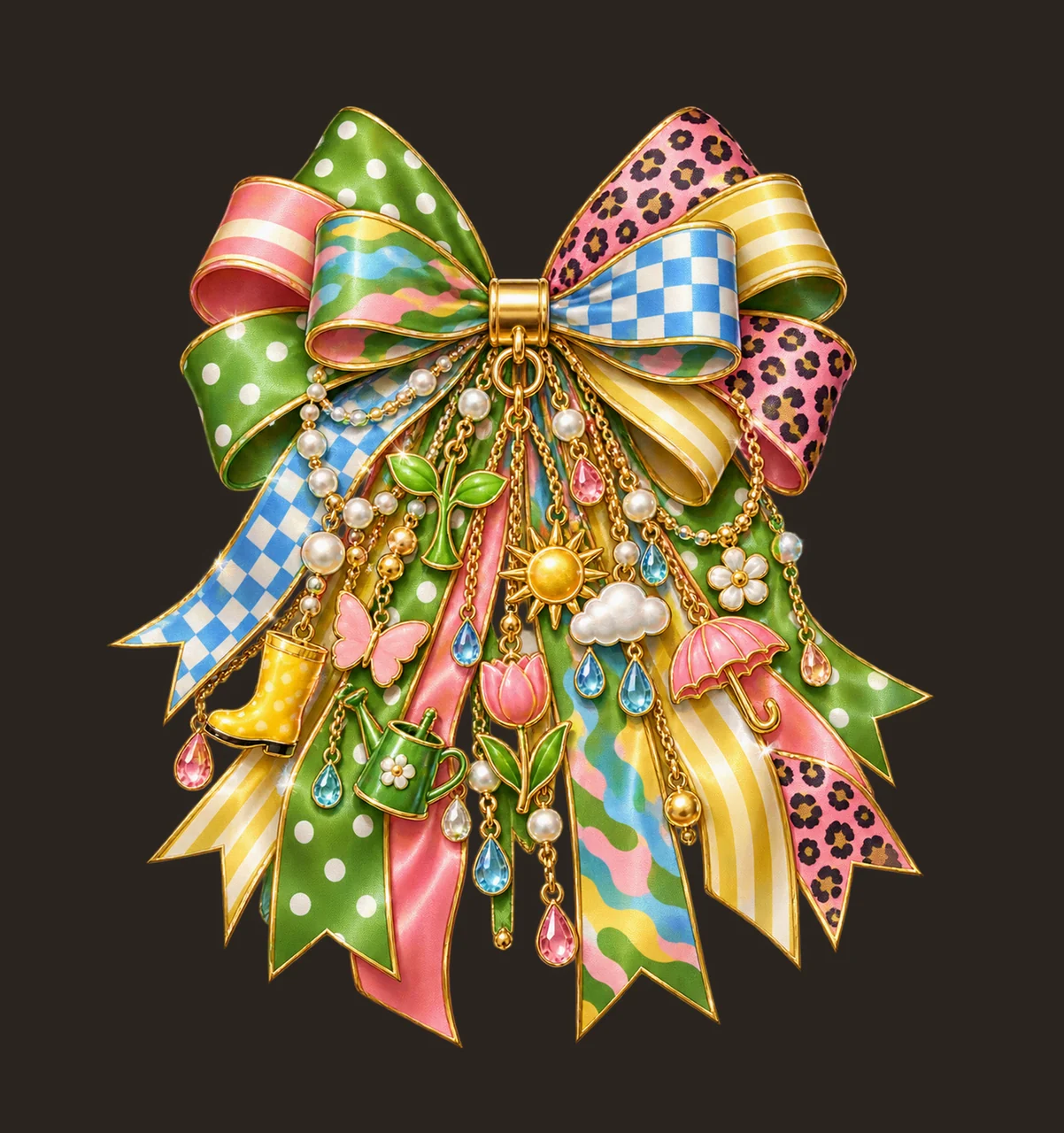 Spring Season Bow Charm PNG, Themed Gold Chain Charms, Coquette Ribbon Sublimation Design, Transparent Digital Download contrast preview thumbnail