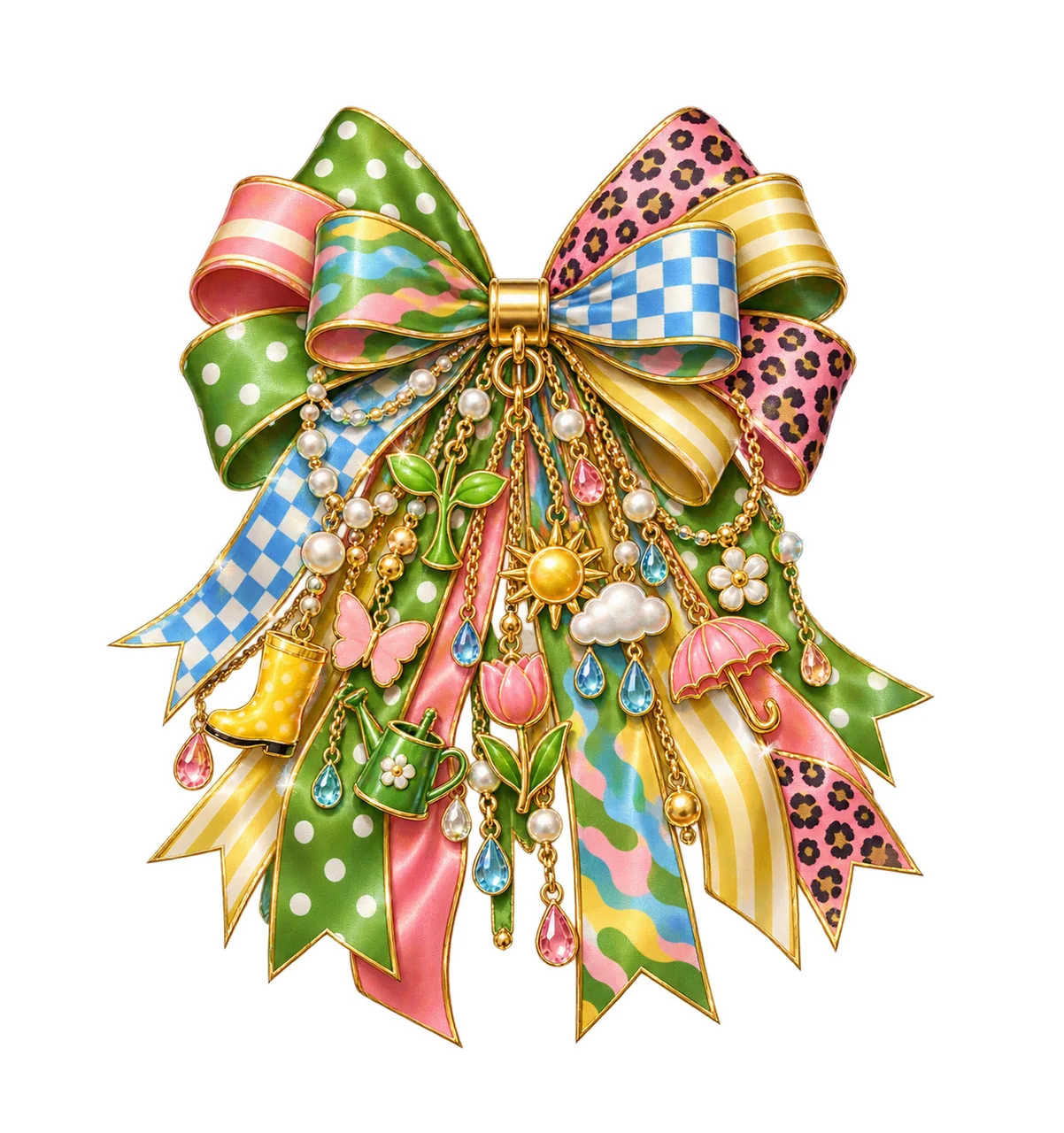 Spring Season Bow Charm PNG, Themed Gold Chain Charms, Coquette Ribbon Sublimation Design, Transparent Digital Download