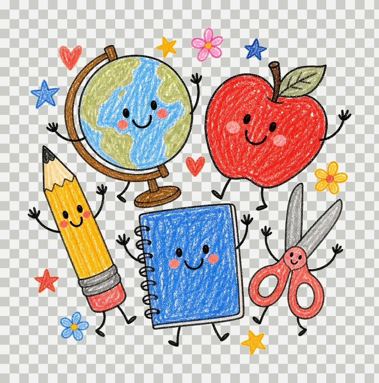 School Cute School Anthropomorphic Items Posing With Globe transparency and detail preview thumbnail