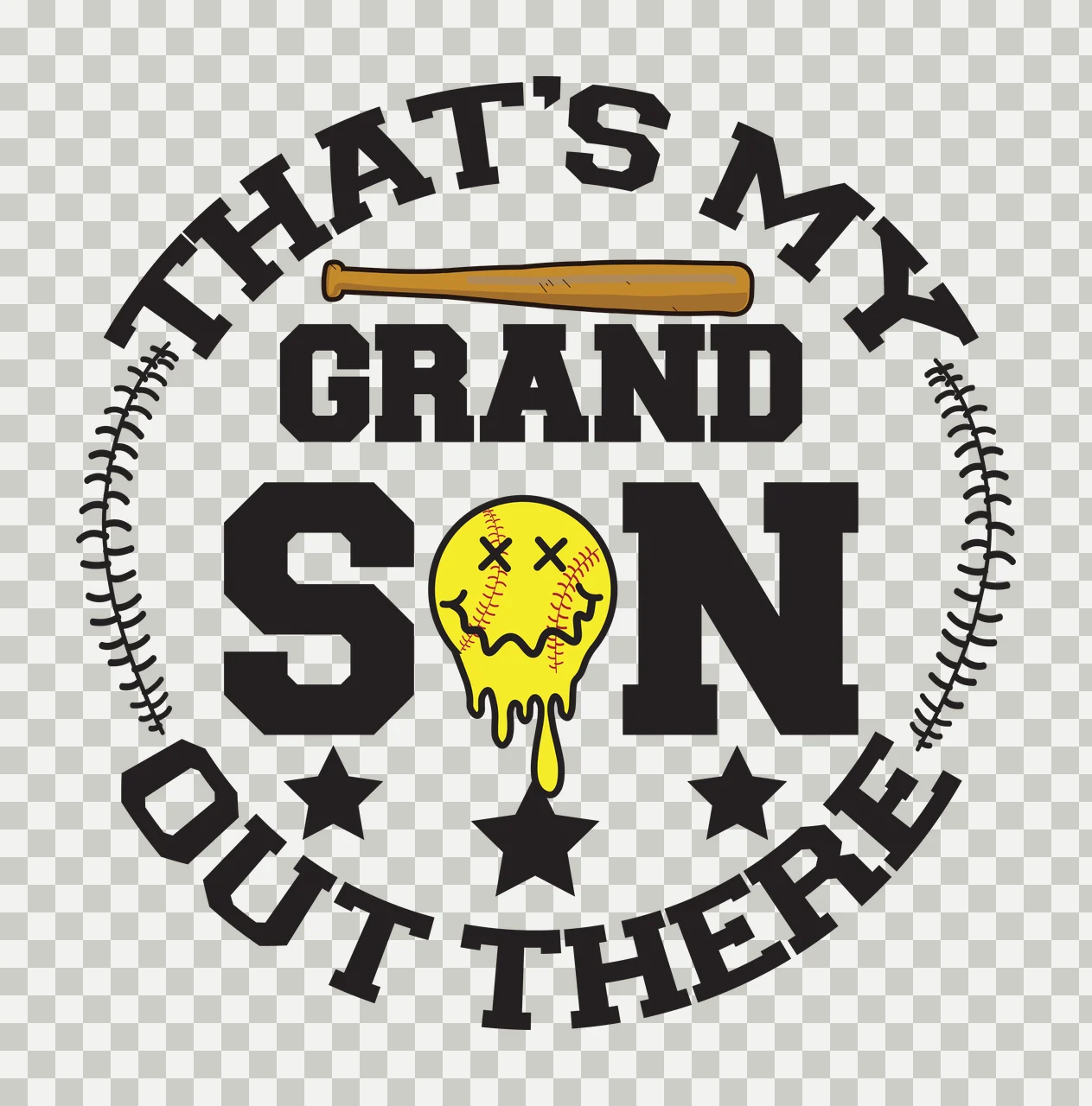 THAT'S MY GRAND SON OUT THERE baseball typography emblem with wooden baseball bat, dripping yellow smiley face softball, black stars and curved baseball stitches in brown transparency and detail preview thumbnail