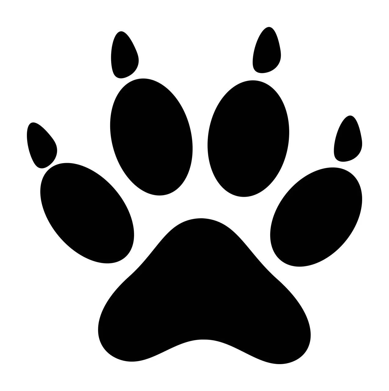 Paw print silhouette Illustration with black paw print, five oval pads and one large central pad in white