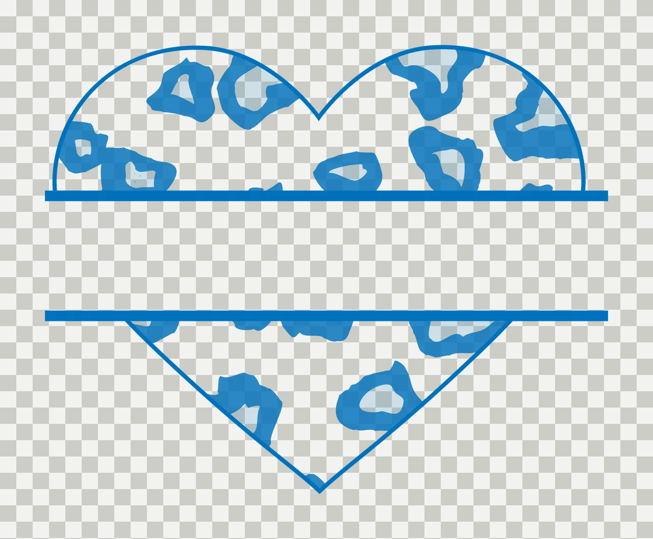 Split heart monogram frame with leopard print spots, horizontal parallel lines and text bar space in blue, light blue and white transparency and detail preview thumbnail