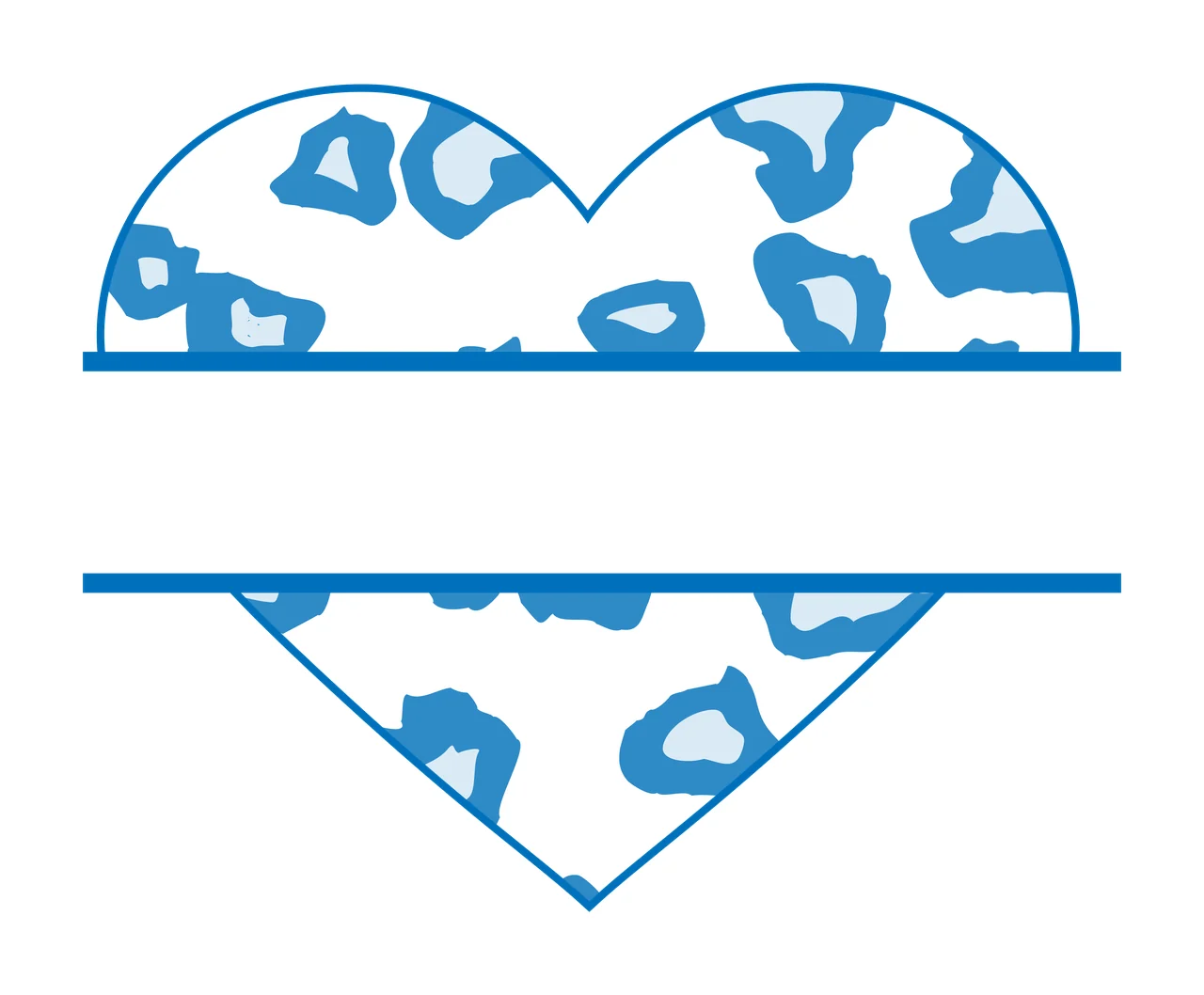 Split heart monogram frame with leopard print spots, horizontal parallel lines and text bar space in blue, light blue and white