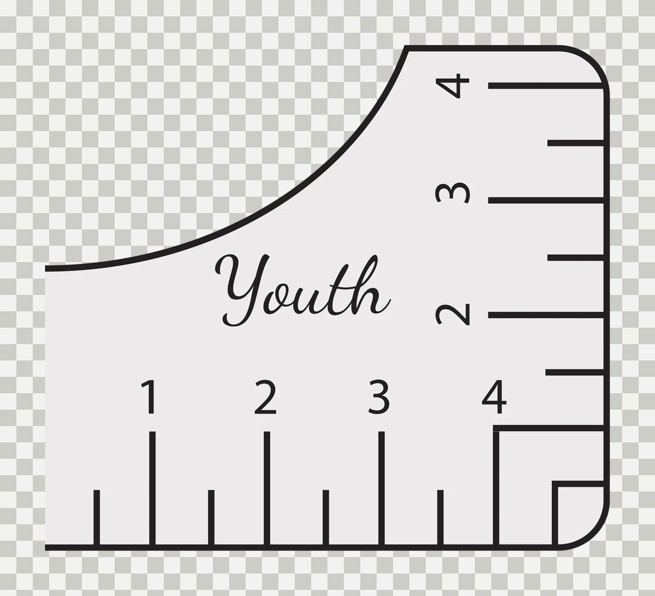 Youth 1 2 3 4 2 3 4 t-shirt alignment ruler Design with curved corner ruler, measurement tick marks, numbered scale and cursive text in light gray, black and white transparency and detail preview thumbnail