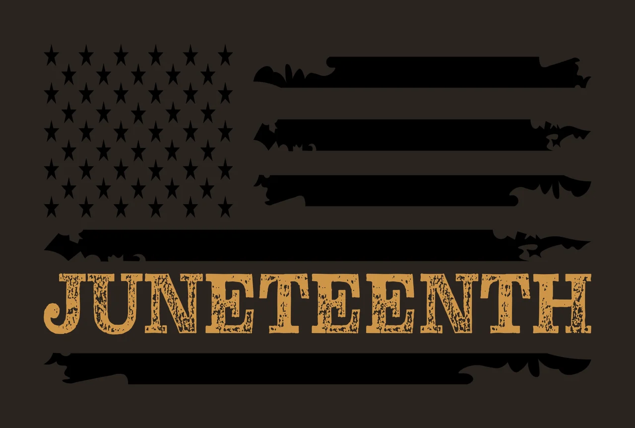 JUNETEENTH Typography Design with American flag, stars, distressed stripes and text in black, gold and white contrast preview thumbnail
