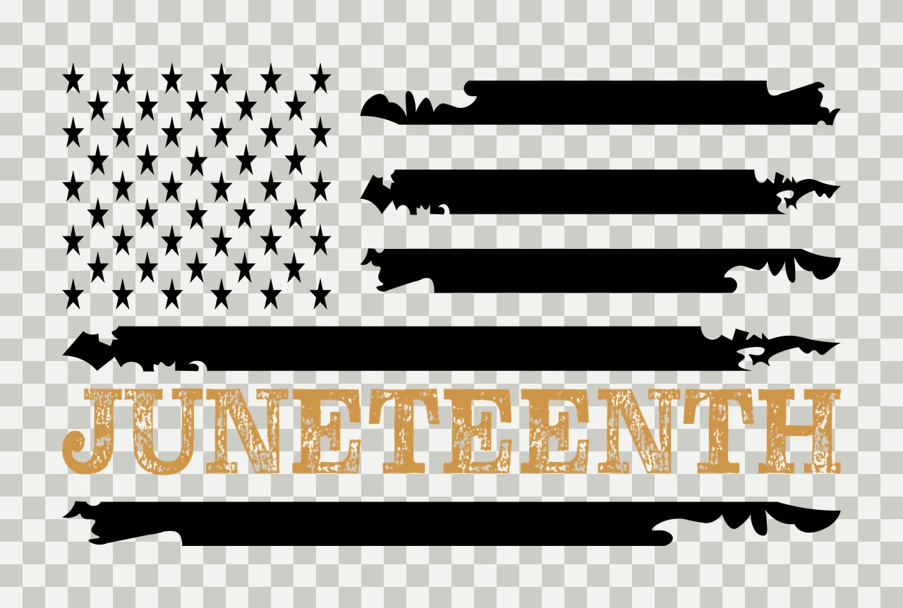 JUNETEENTH Typography Design with American flag, stars, distressed stripes and text in black, gold and white transparency and detail preview thumbnail