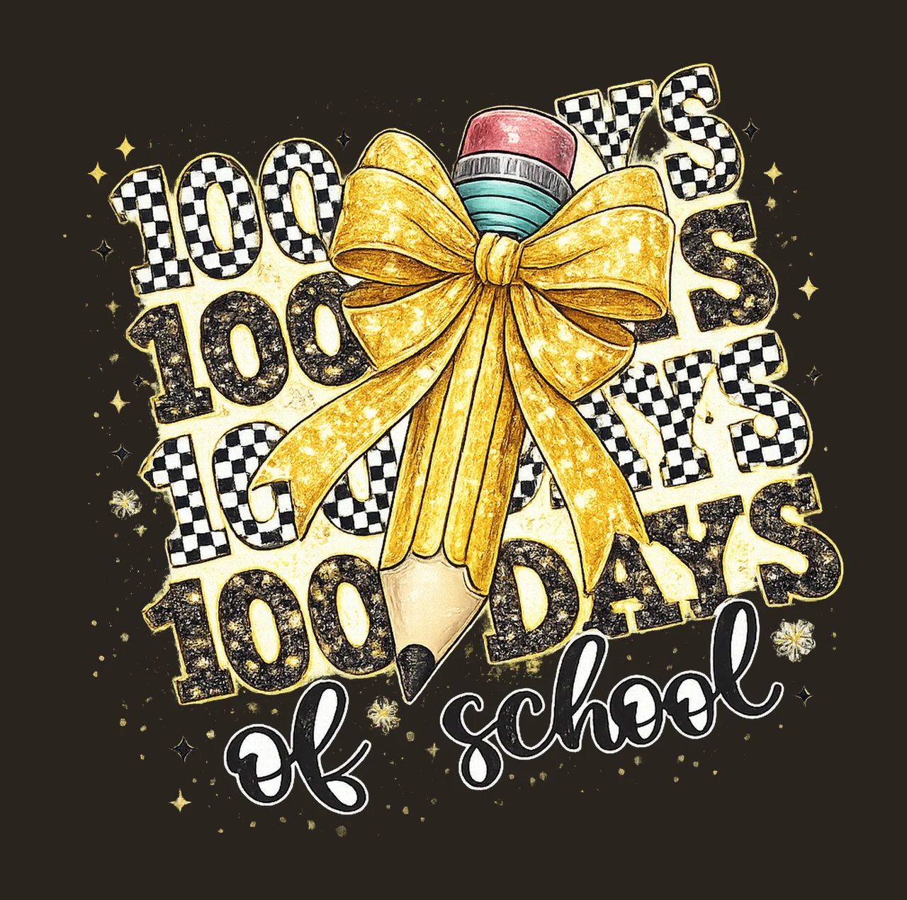 Checkered Glitter 100 Days of School Teacher Pencil Design contrast preview thumbnail