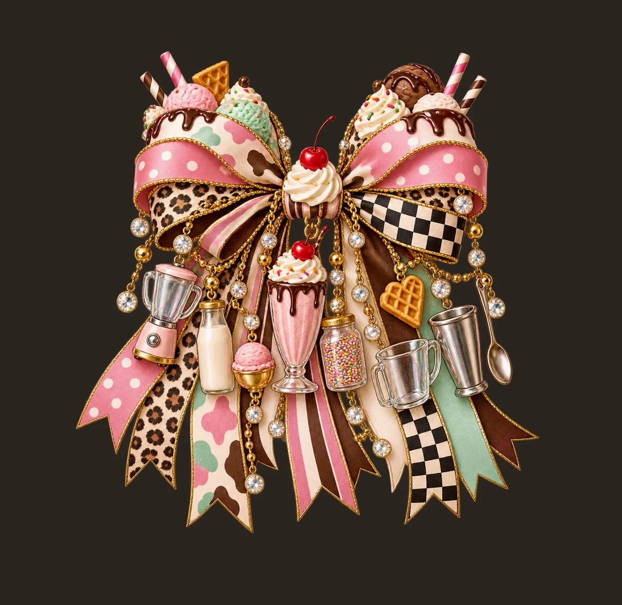 Milkshake Lover Bow Charm PNG, Gold Chain Charms, Transparent Sublimation Design, Digital Download contrast preview thumbnail