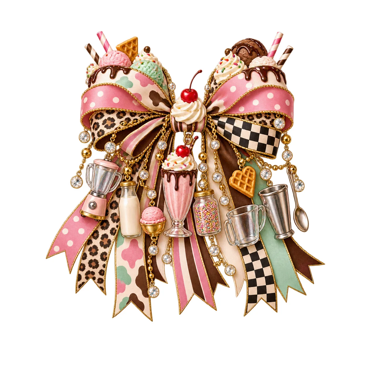 Milkshake Lover Bow Charm PNG, Gold Chain Charms, Transparent Sublimation Design, Digital Download