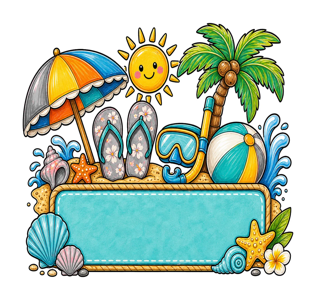 Summer Beach Name Plate Frame Design Hand Drawn Variation F