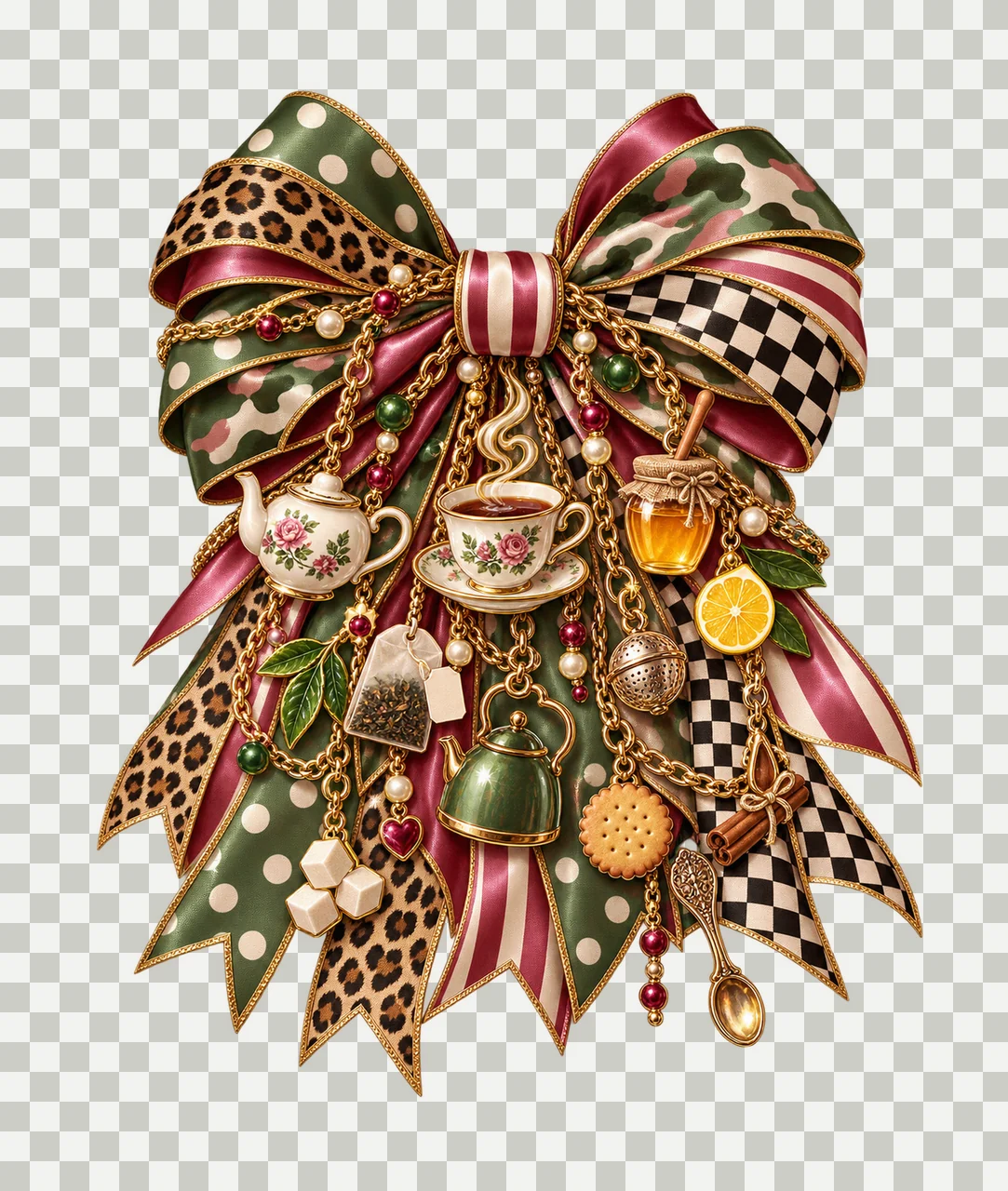 Hot Tea Lover Bow Charm PNG, Teapot Cup Tea Bag and Kettle Charms, Cozy Drink Sublimation Design, Transparent Download transparency and detail preview thumbnail