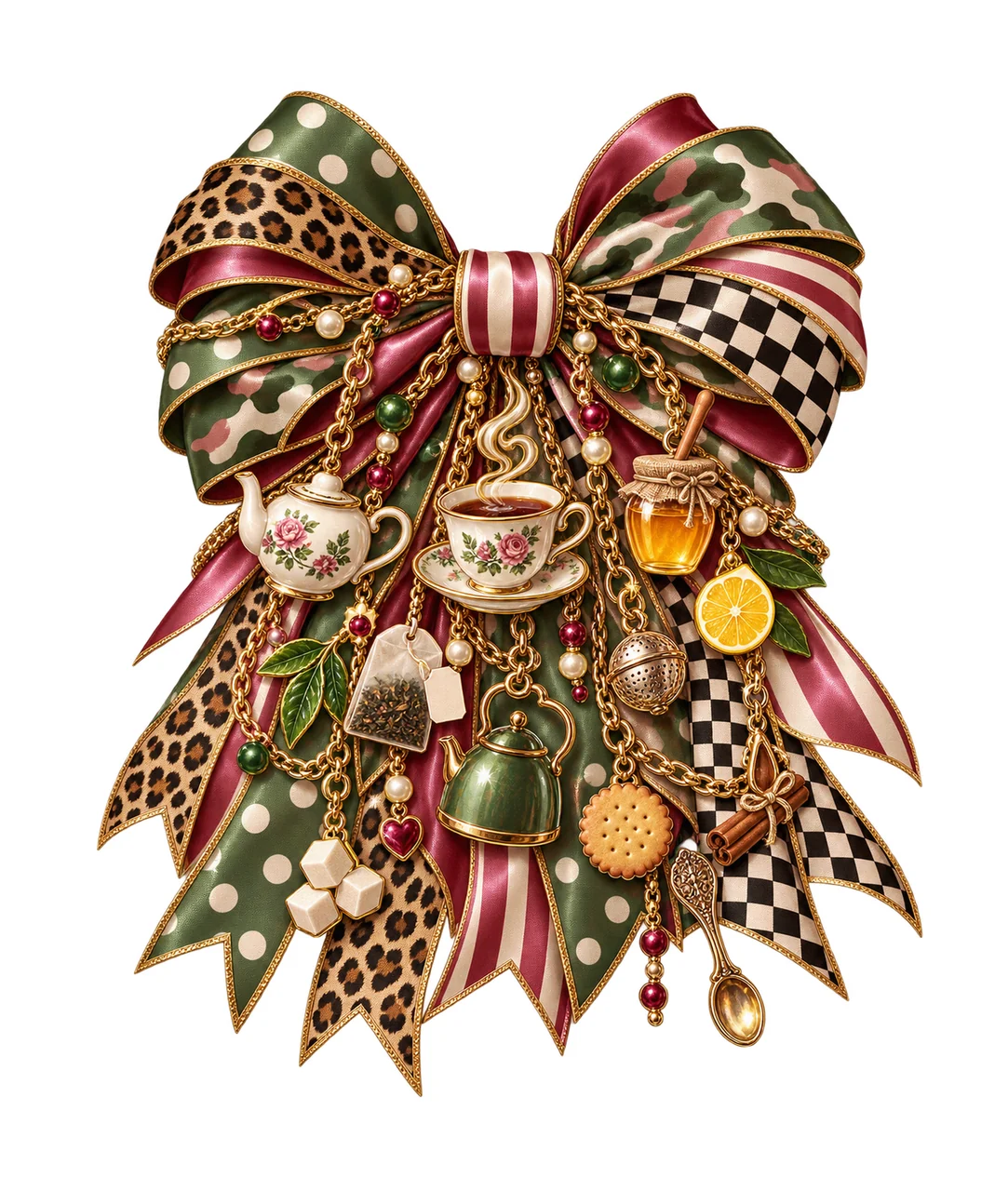 Hot Tea Lover Bow Charm PNG, Teapot Cup Tea Bag and Kettle Charms, Cozy Drink Sublimation Design, Transparent Download