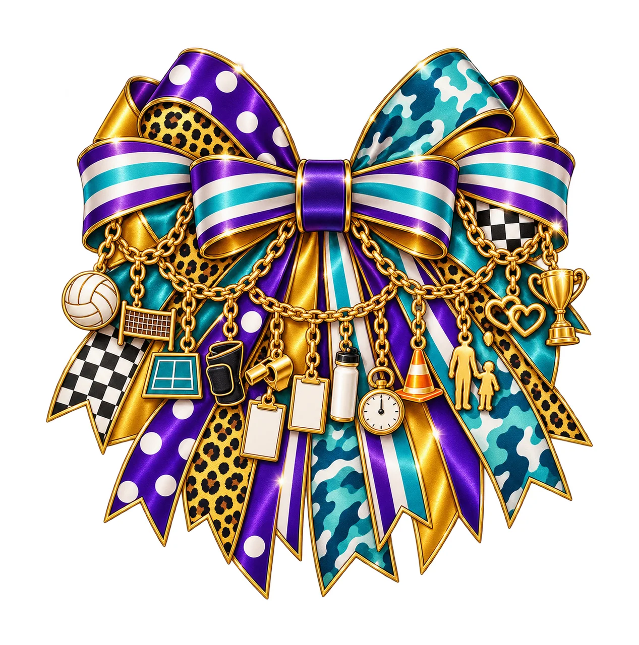 Volleyball Dad Bow Charm PNG, Gold Chain Charms, Transparent Sublimation Design, Digital Download