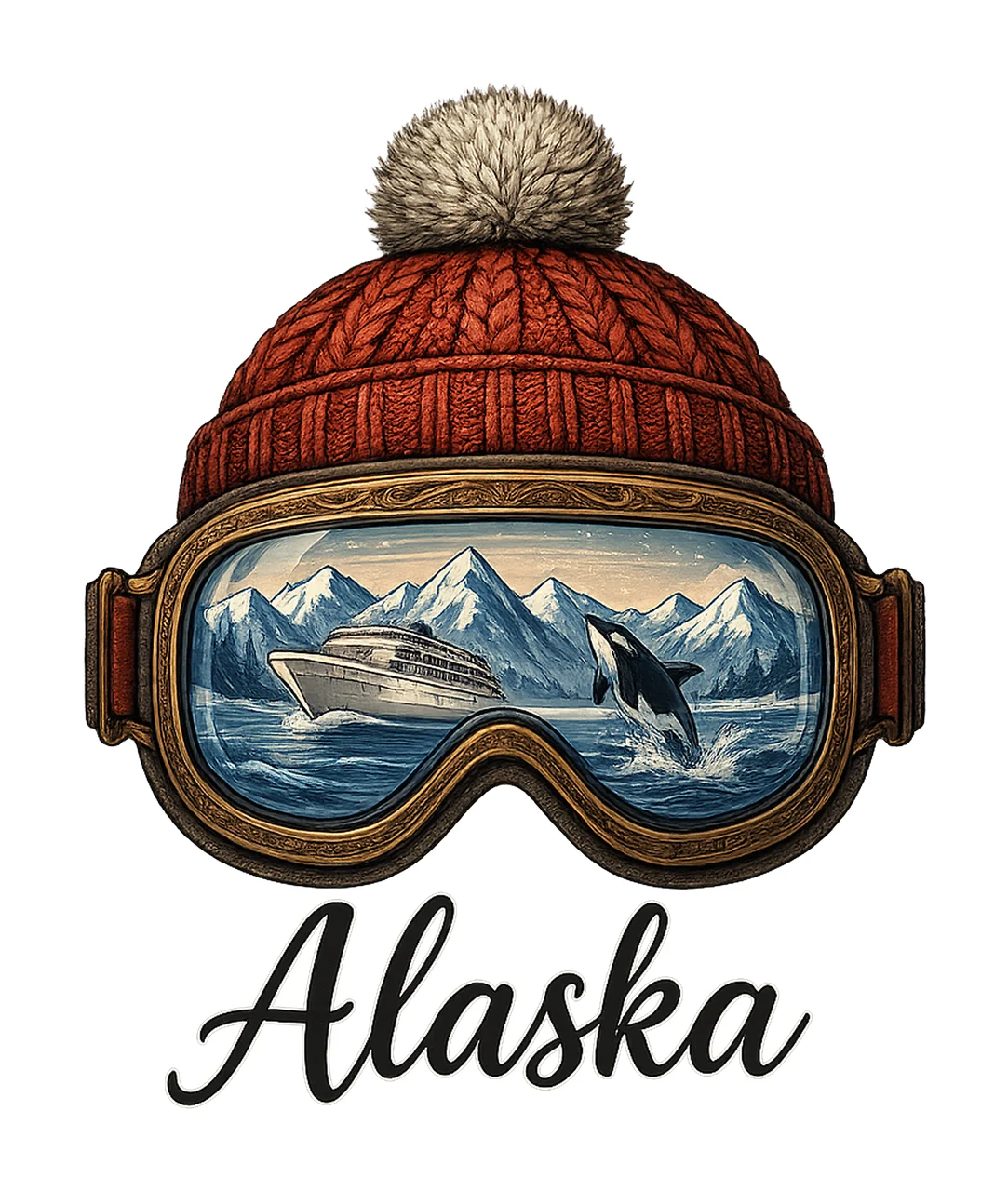 Alaska Cruise Ski Goggles Whale Scene Mountain Landscape