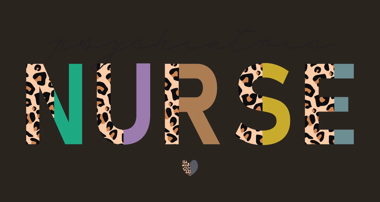 Psychiatric NURSE Typography Design with script text, block letters, leopard print pattern and heart icon in black, tan and green contrast preview thumbnail