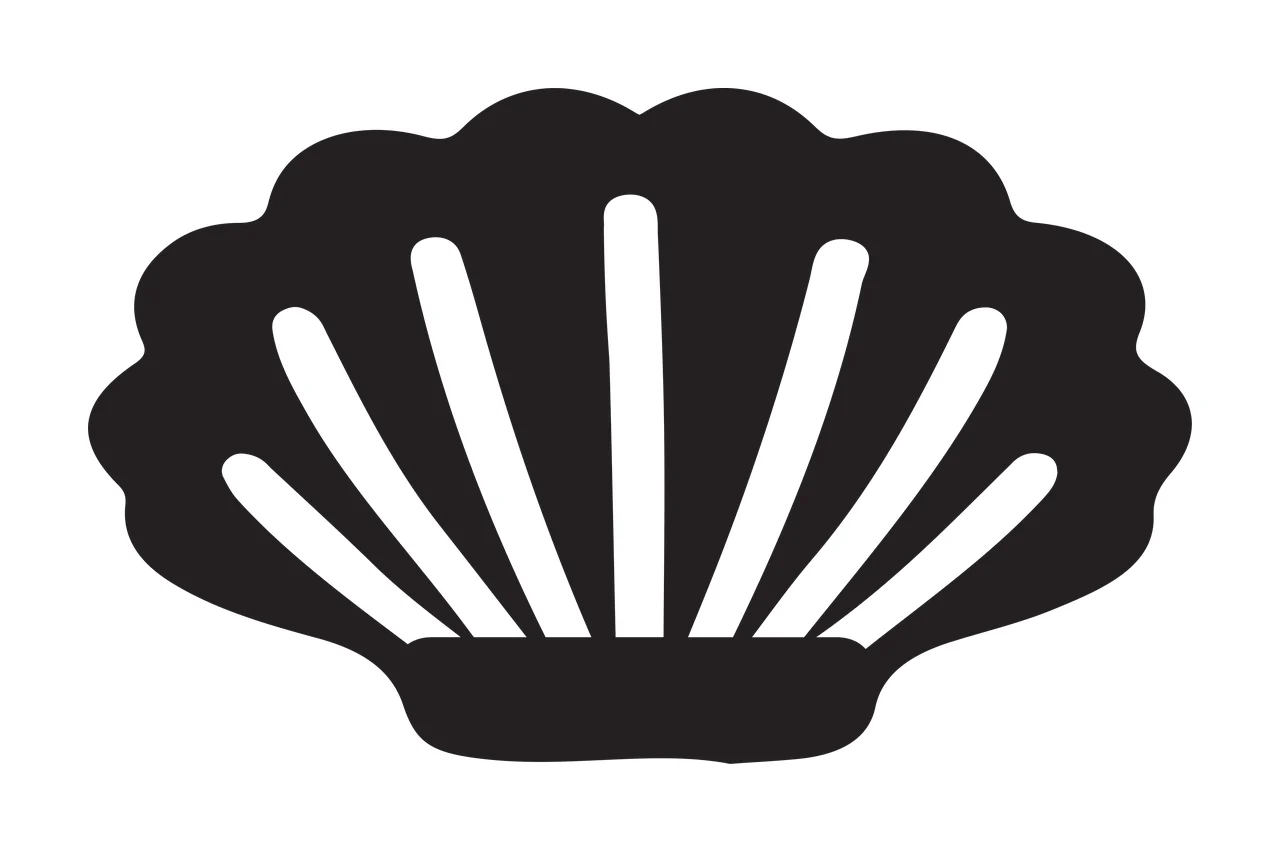 Silhouette Design of seashell with scallop shell silhouette, radiating stripes, fan shape and marine symbol in black and white
