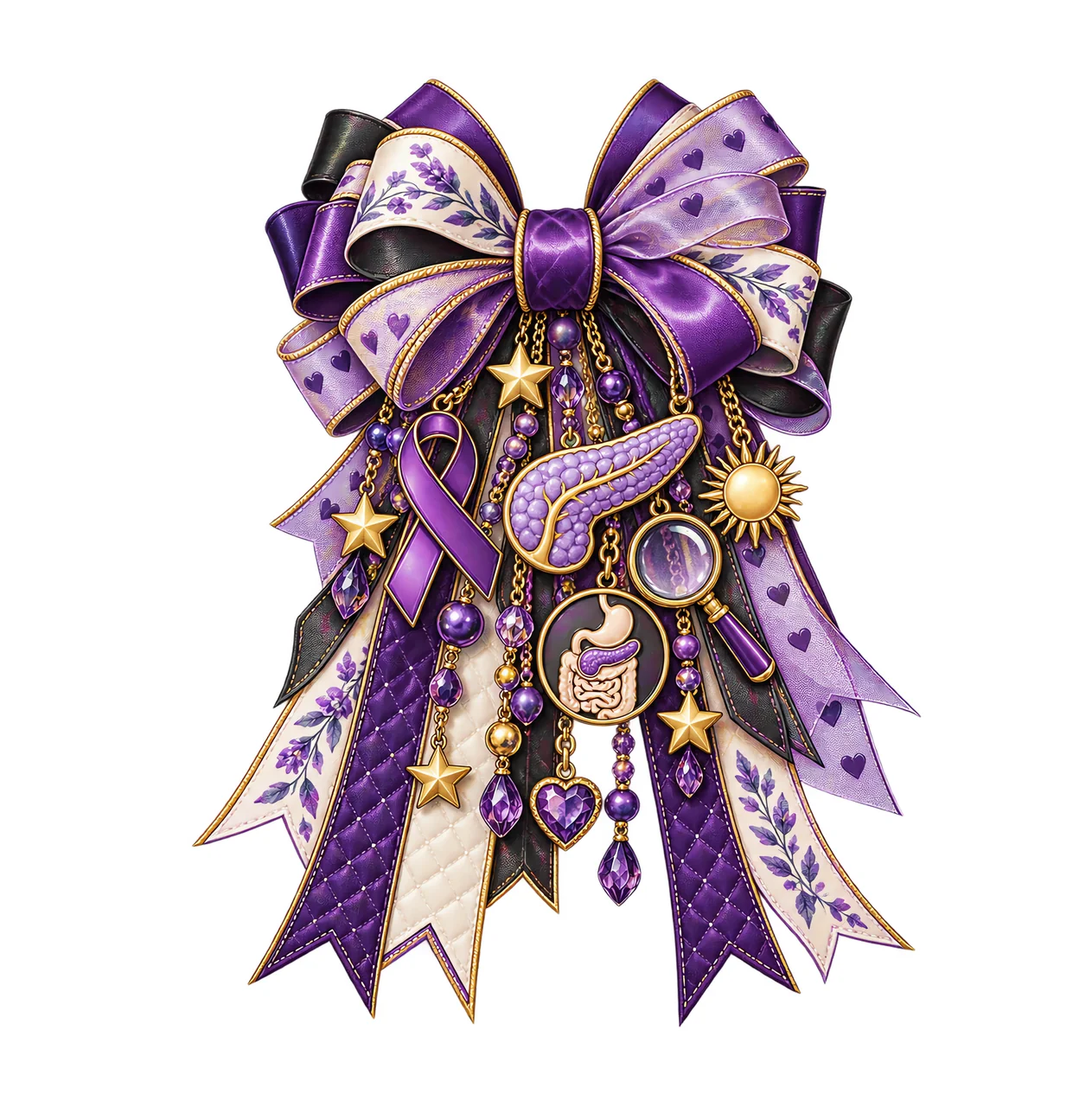 Pancreatic Cancer Awareness PNG, Purple Ribbon and Pancreas Coquette Bow, No Text Sublimation Clipart, Transparent Digital Download