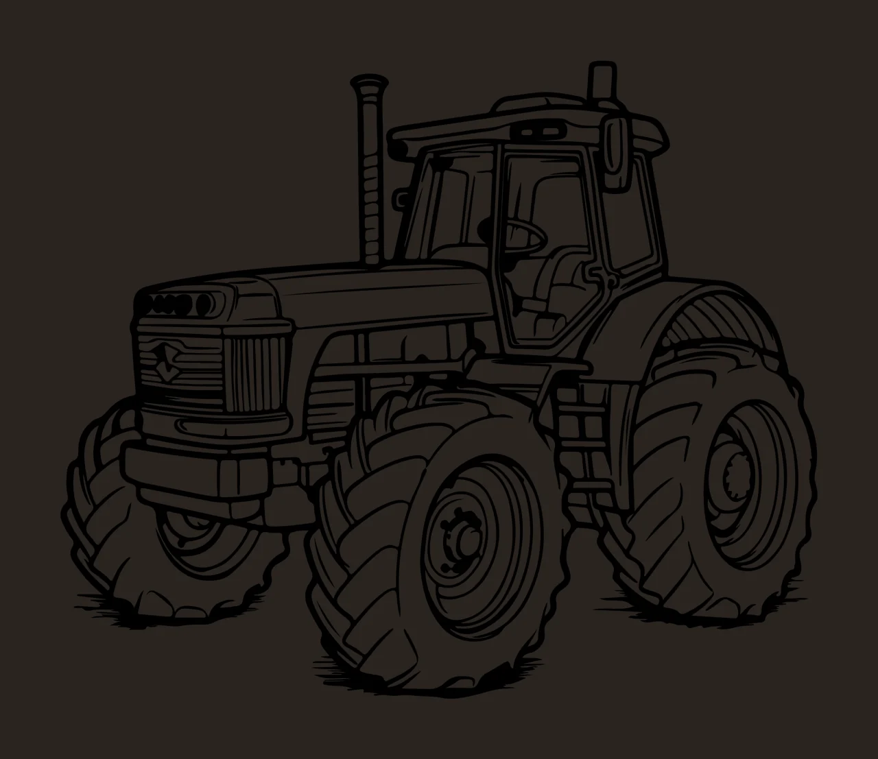 Detailed Agricultural Tractor Line Drawing standing wheels contrast preview thumbnail