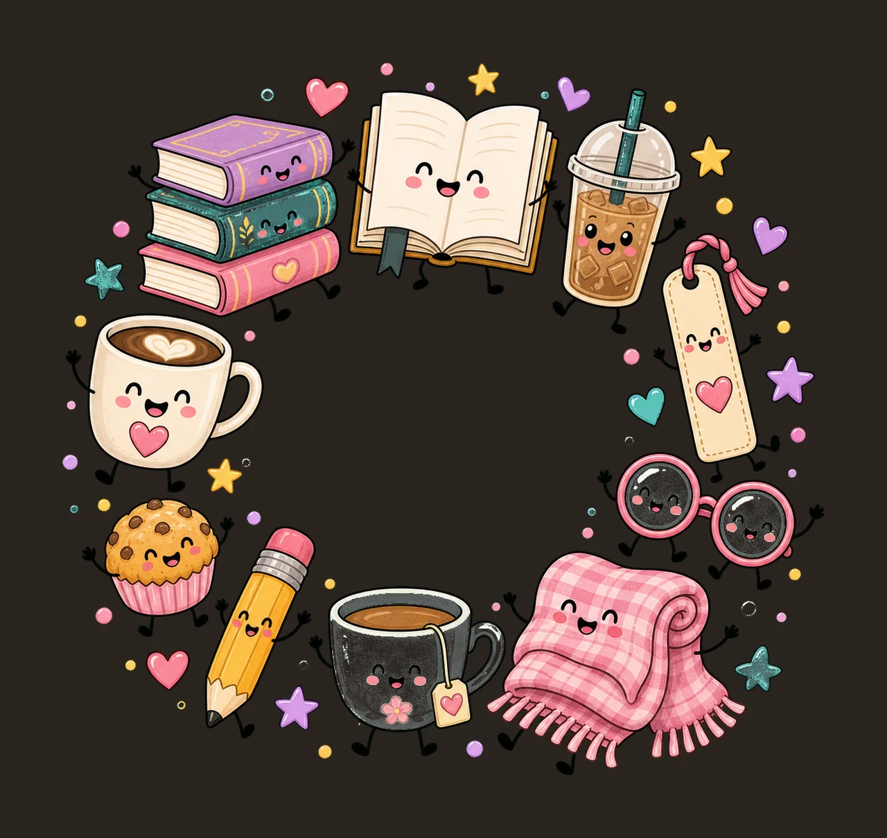 Books and Coffee Characters Doodle Cute Happy Variation D contrast preview thumbnail